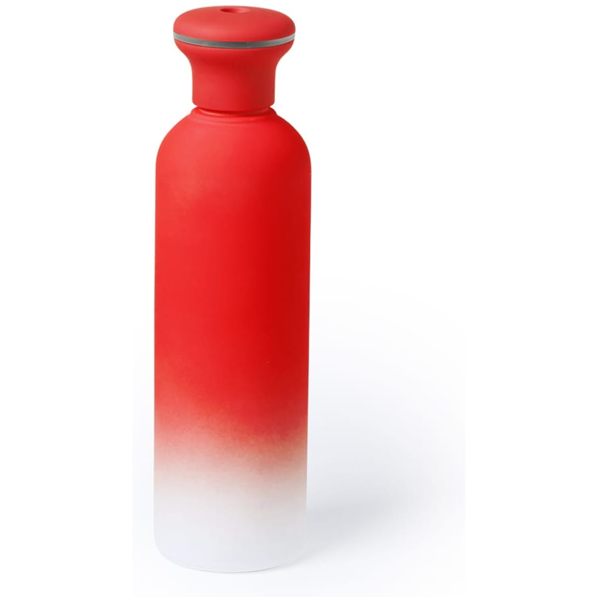 A drink bottle featuring a gradient design from red to white, with a rounded cap and a logo on the surface.