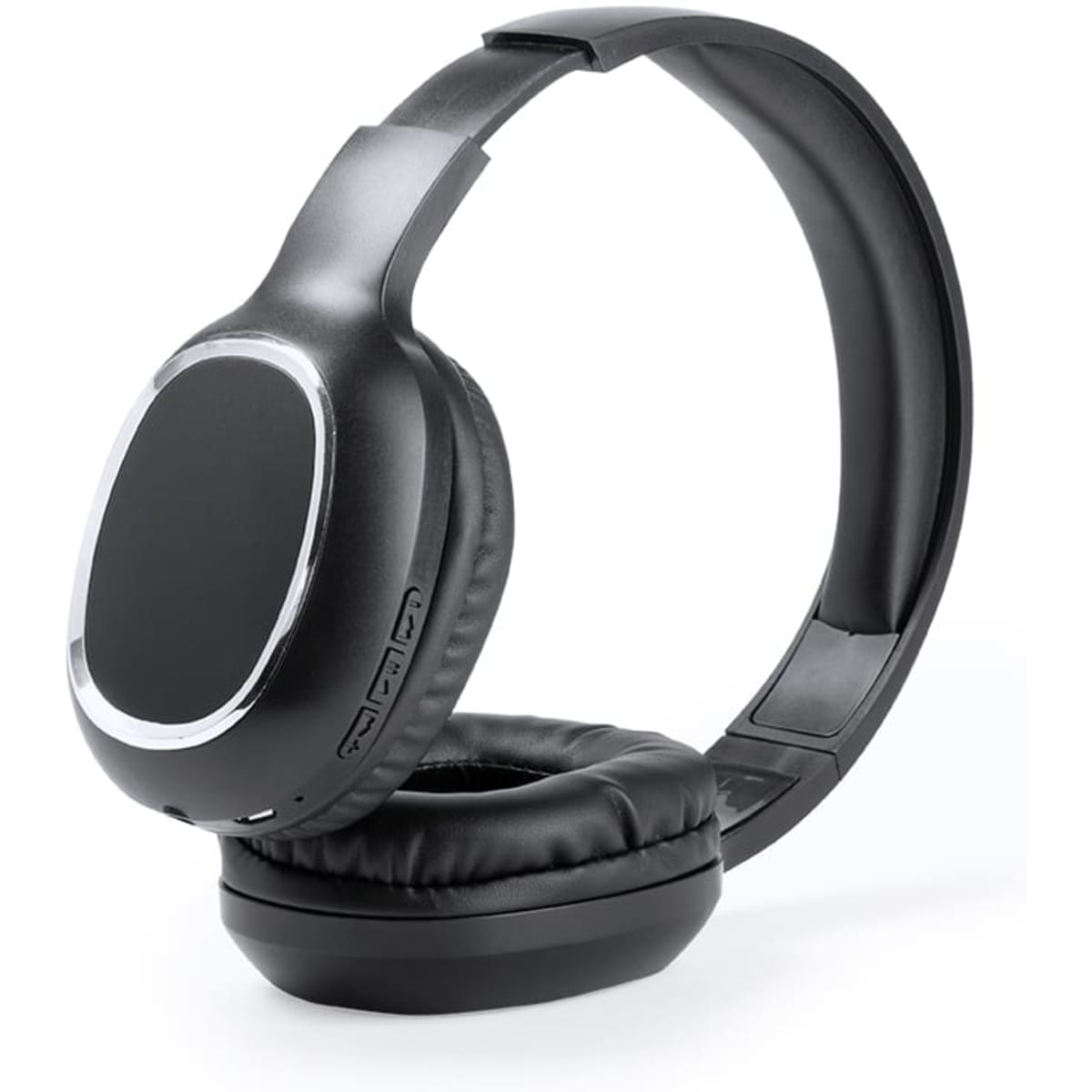Black over-ear headphones with a sleek design and adjustable headband, featuring buttons for control.