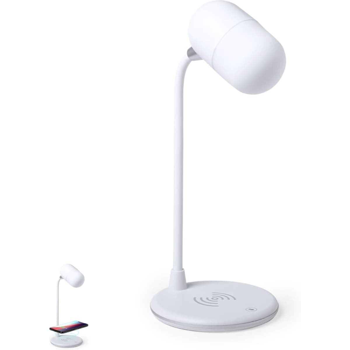 A wireless charger and lamp in white, featuring a flexible neck and a round base for charging devices.