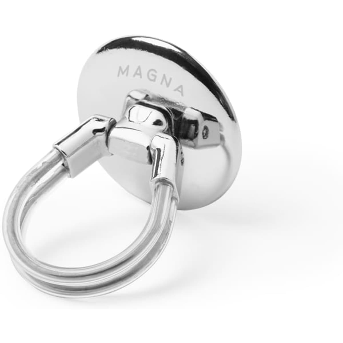 A chrome phone stand featuring a circular base with a loop handle, designed for easy device support.