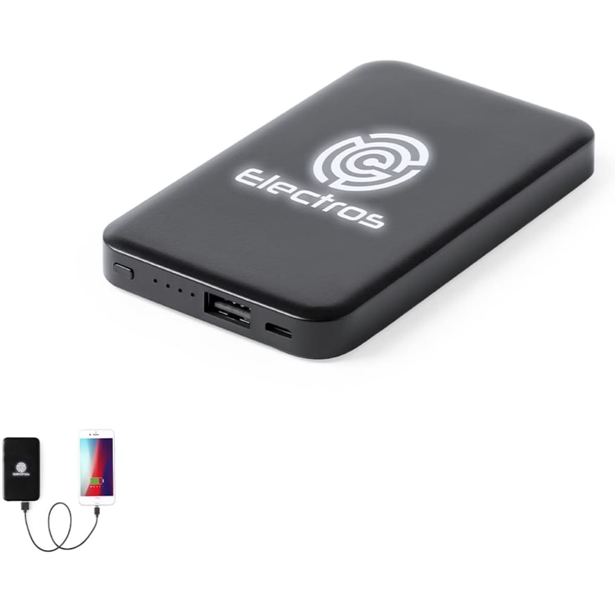 A black power bank with a logo, featuring a USB port and a charging cable connected to a phone.