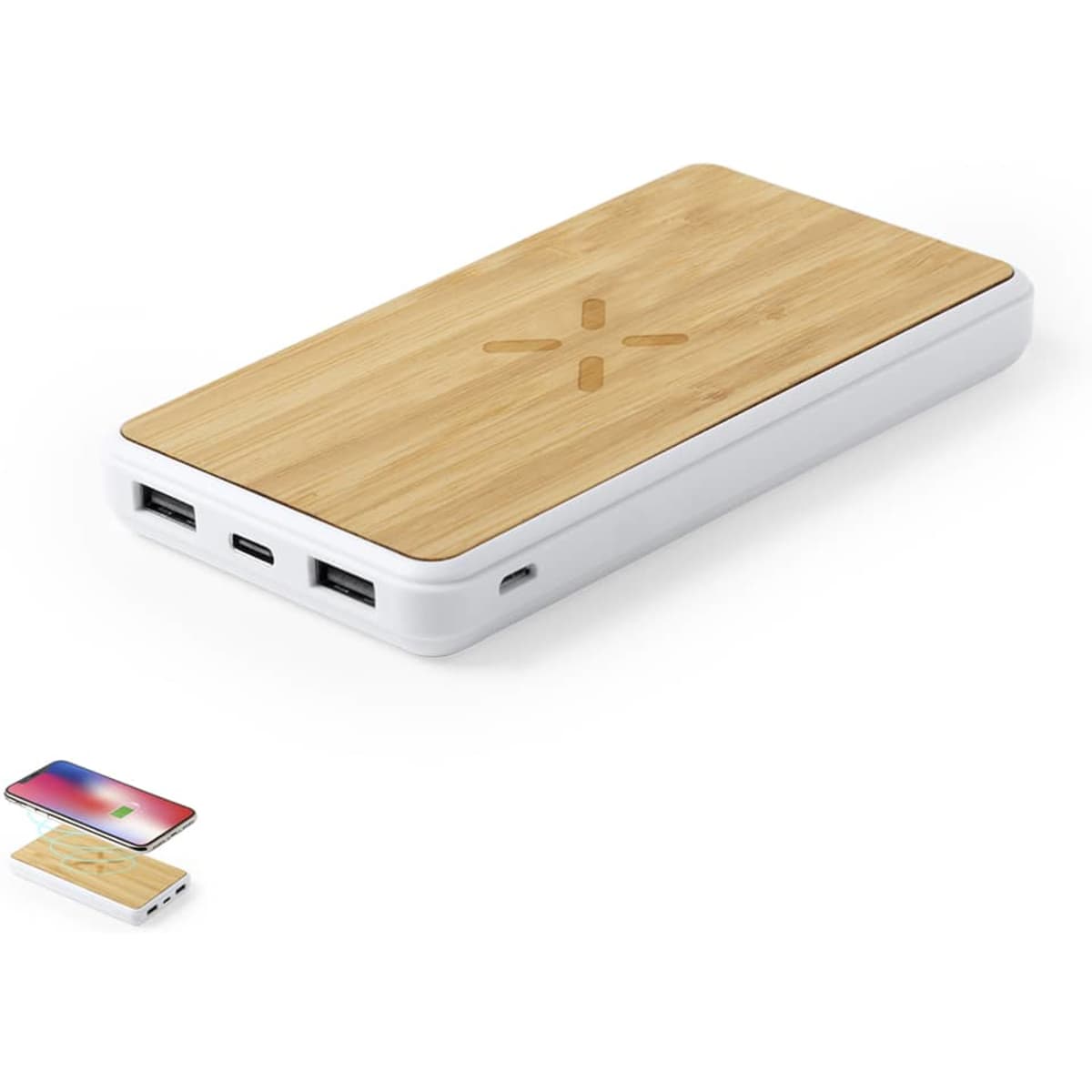 A power bank with a bamboo top and a white body, featuring multiple USB ports and a logo.