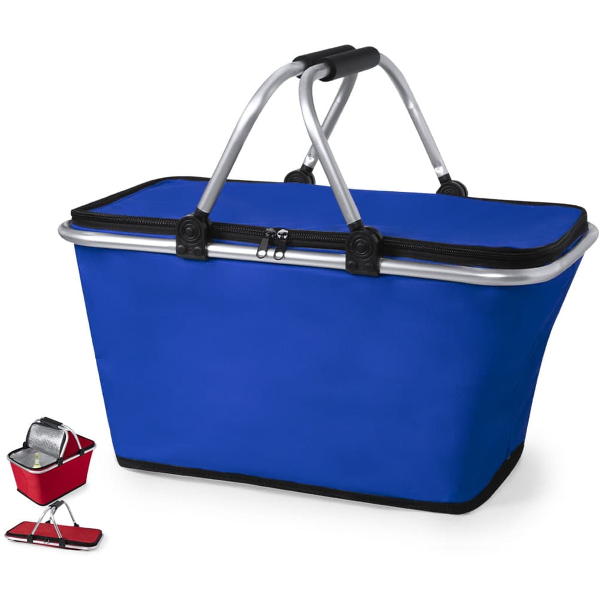 A blue insulated picnic basket with silver handles, alongside a small red cooler bag. The basket has a supporting logo.