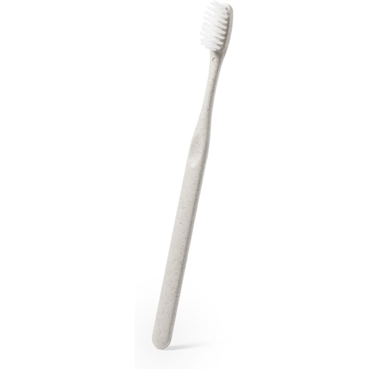 A light grey toothbrush with a straight handle and soft bristles. It features a simple design and an eco-friendly look.
