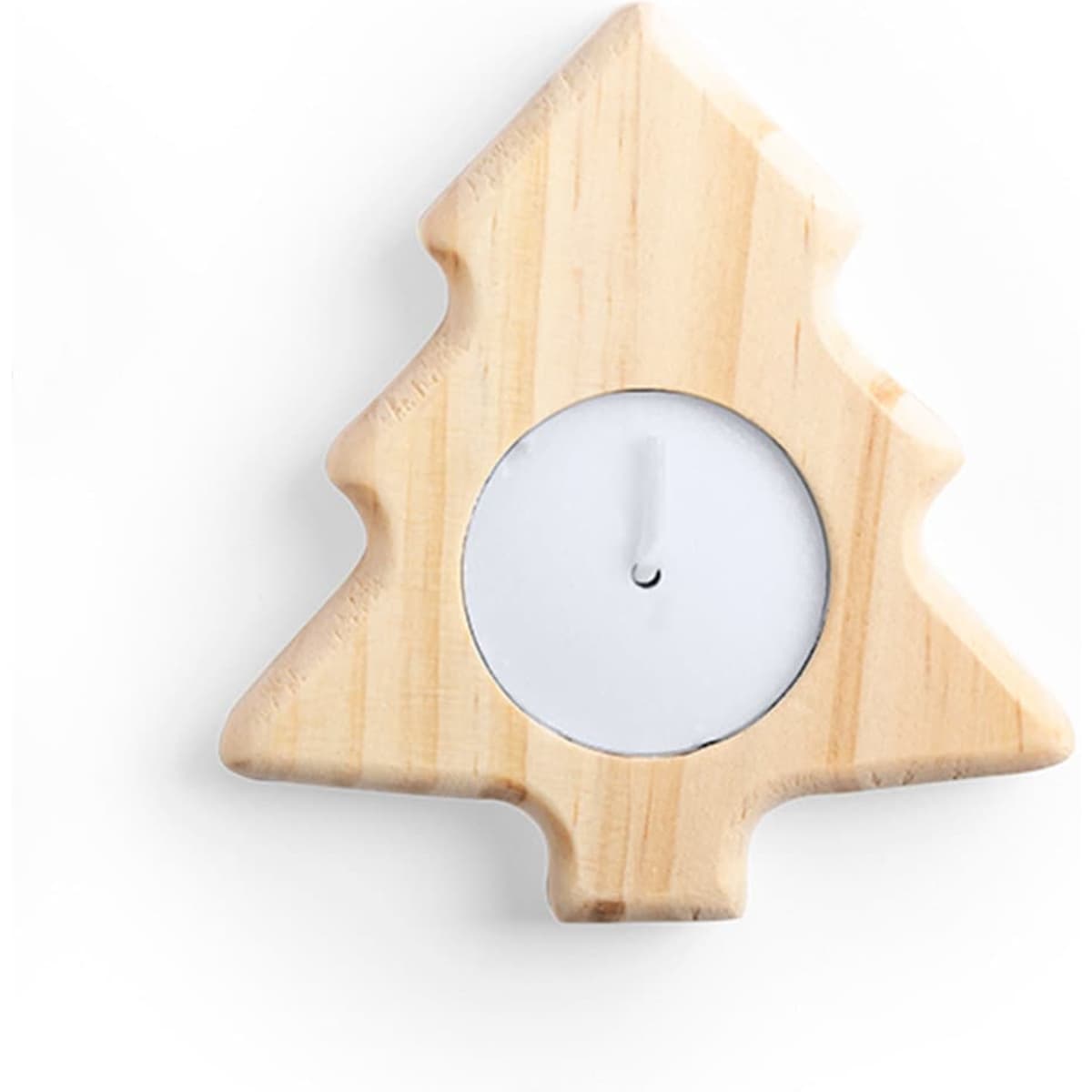 A wooden candle holder shaped like a Christmas tree with a round white candle in the centre.