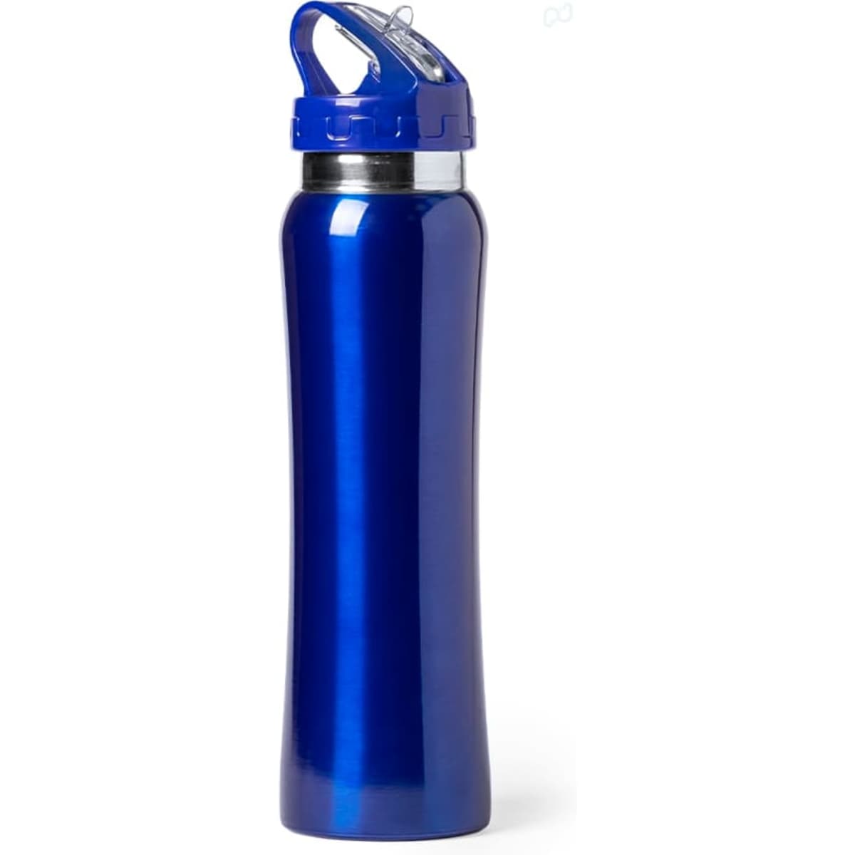 A drink bottle in a shiny blue finish with a silver cap and a handle. It features a logo on the body.