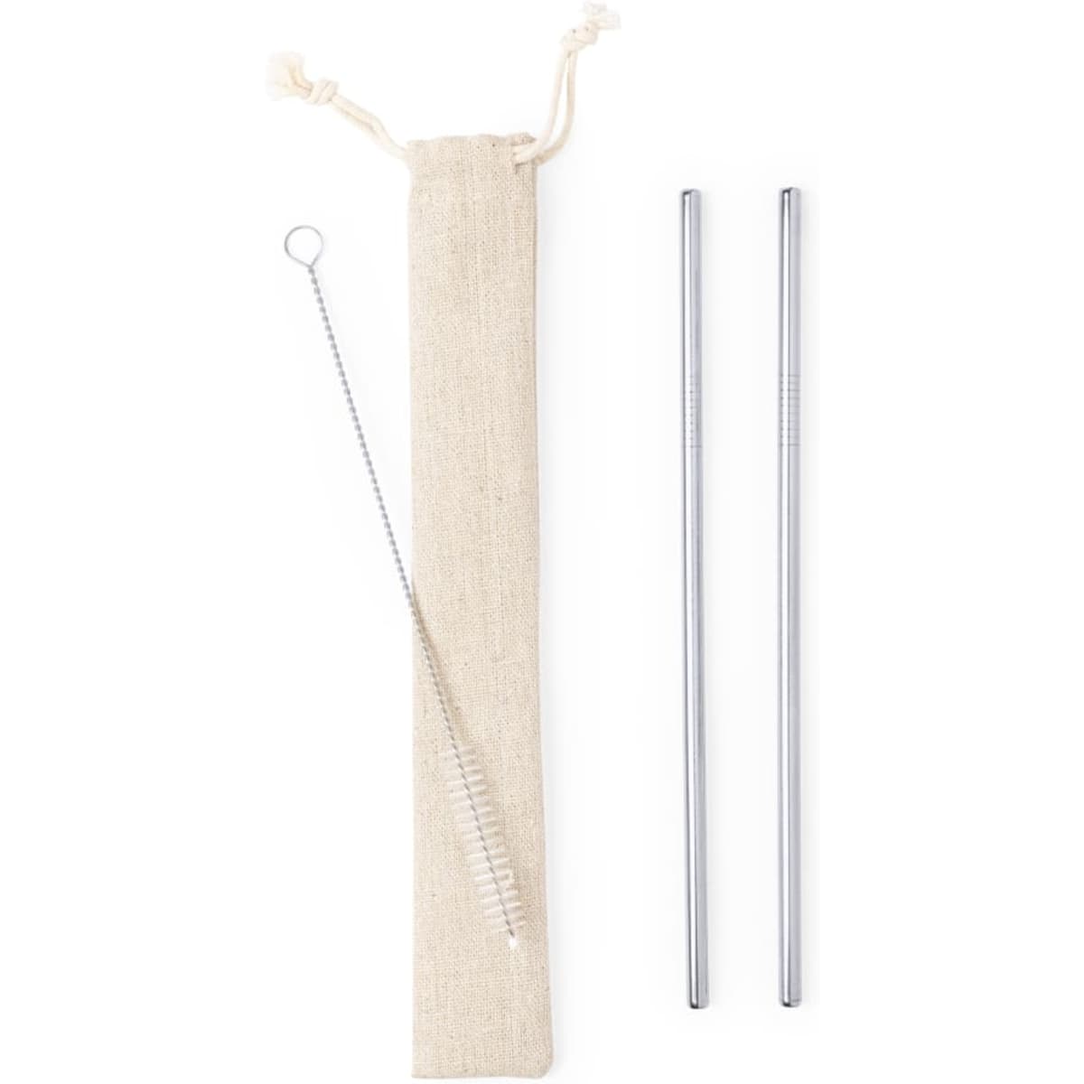 Two stainless steel drinking straws and a cleaning brush, packaged in a natural fabric pouch.