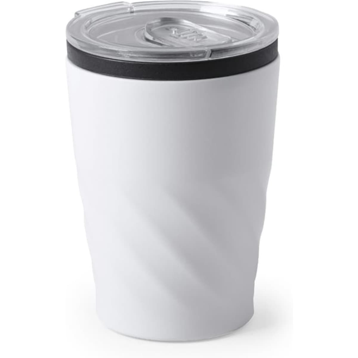 A drink bottle in white with a textured design and a clear lid, featuring a black silicone rim.