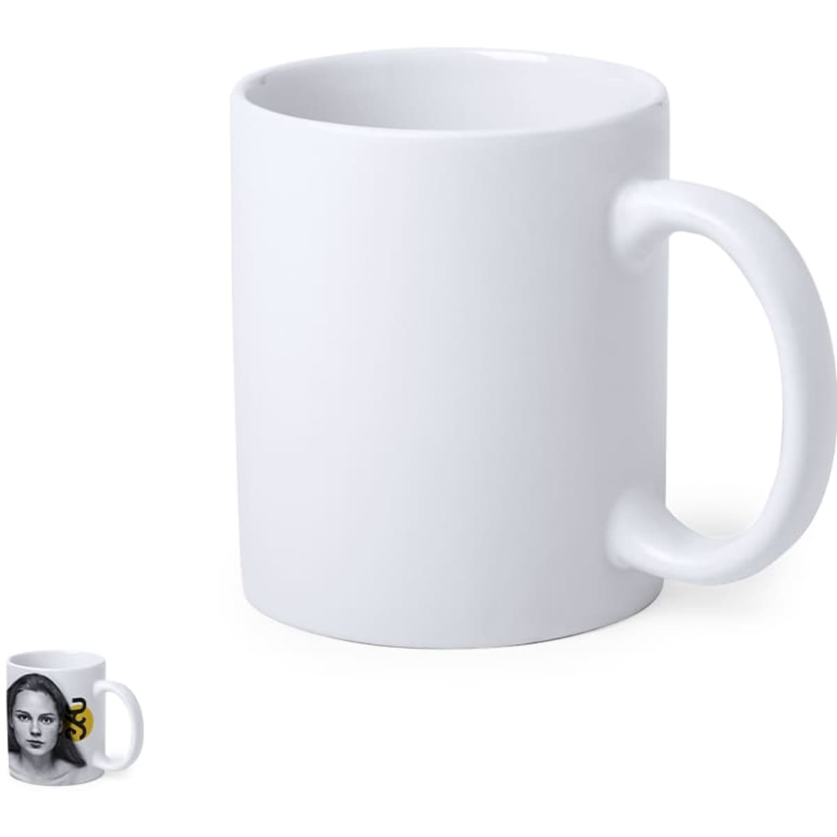A white coffee mug with a handle, featuring a logo on one side and a smaller mug image beside it.