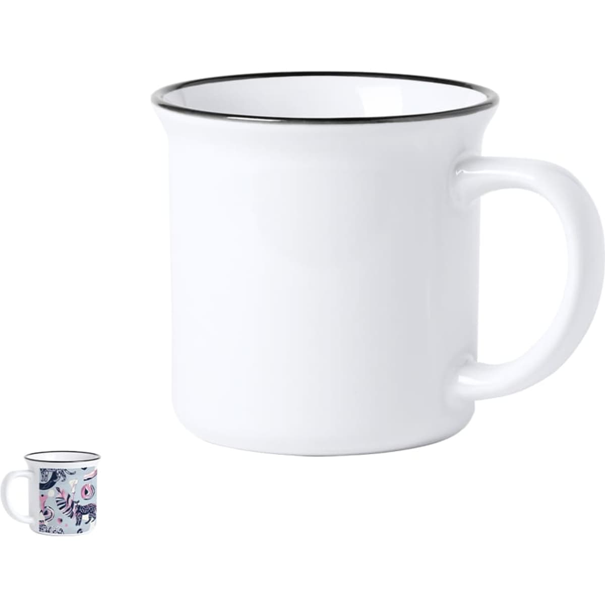 A white coffee mug with a black rim and handle, featuring a small colourful design on a smaller mug in the corner.