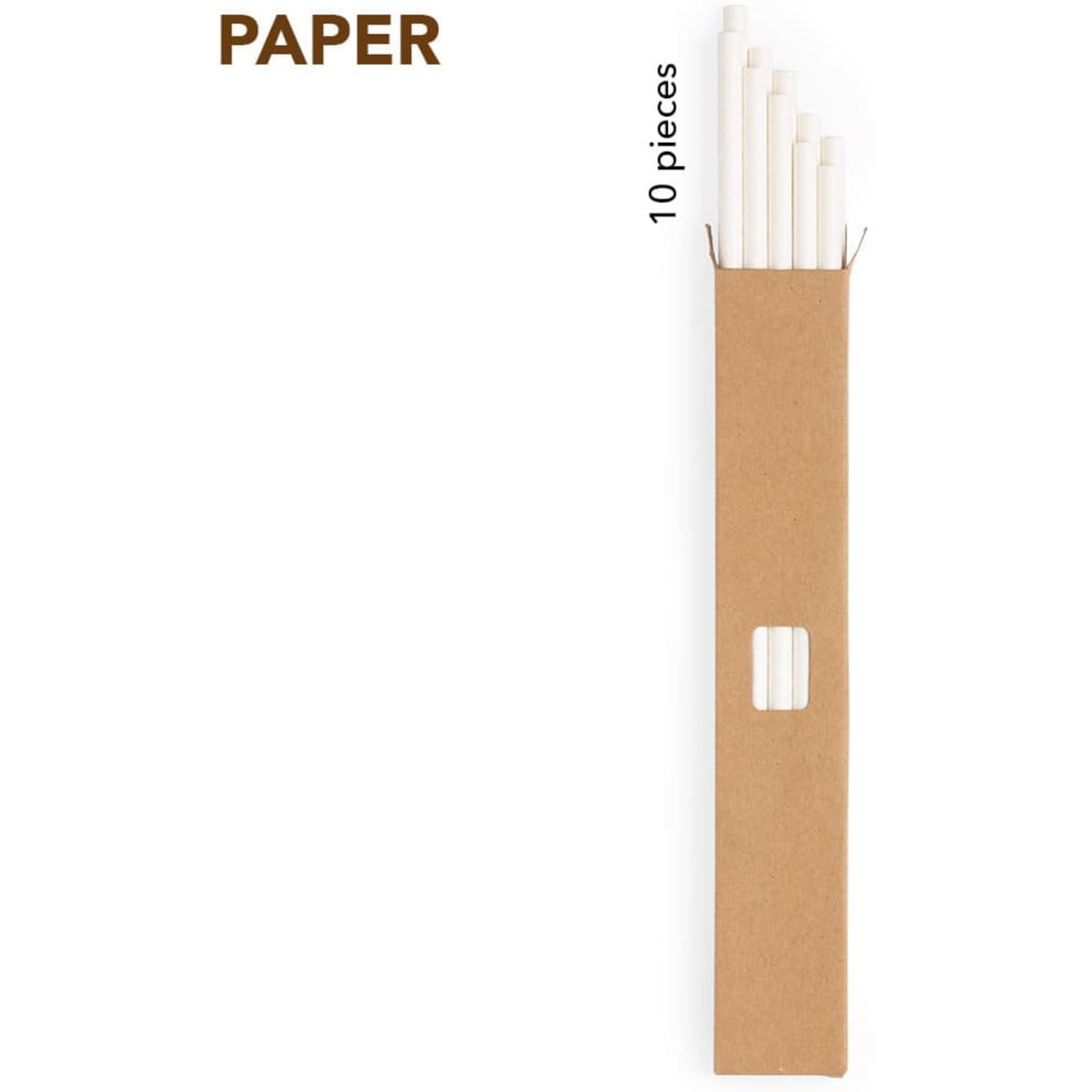 A cardboard box containing ten white paper drinking straws, with a window showing the straws inside.