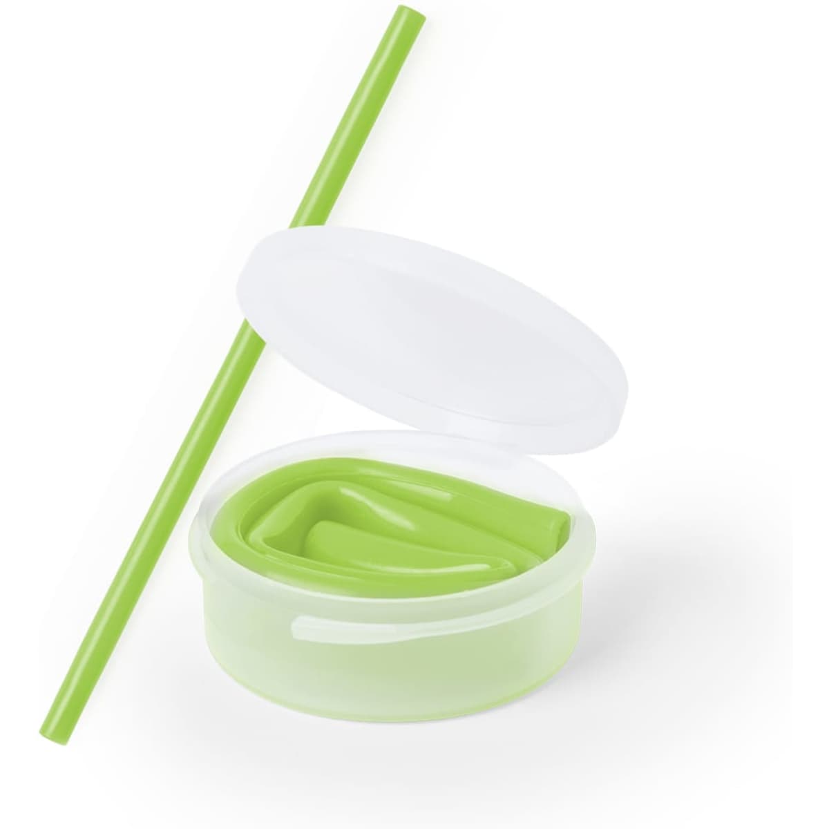 A drink container with a green silicone straw and a white lid. The straw is also green.