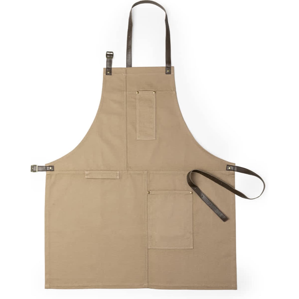 A beige Vurcex apron with pockets and brown straps, featuring a logo on the front.