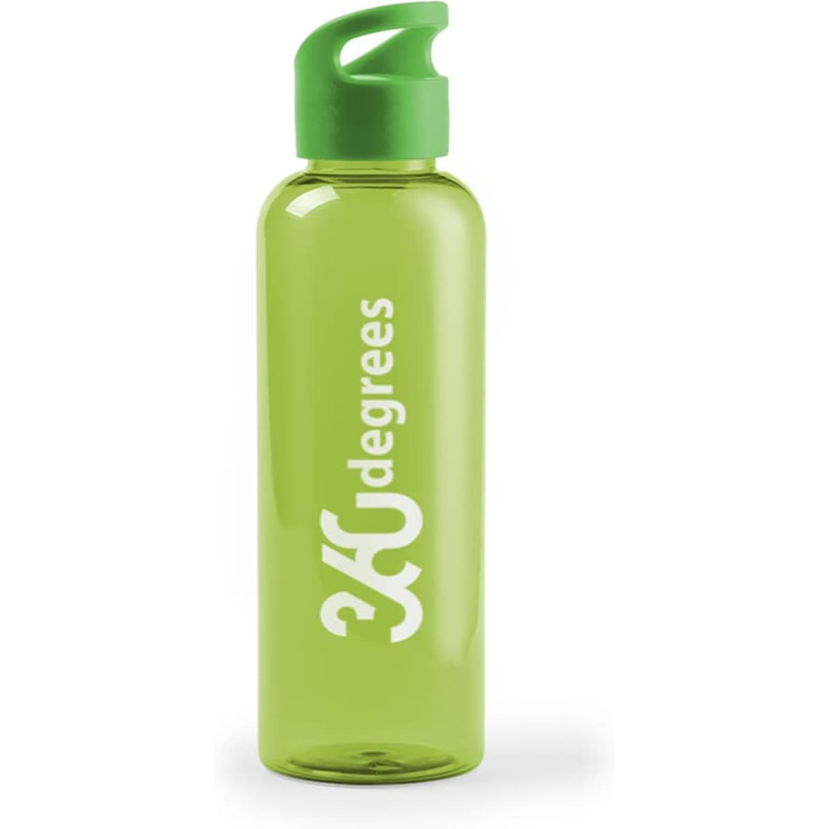 A drink bottle in bright green with a green cap and a logo on the side.