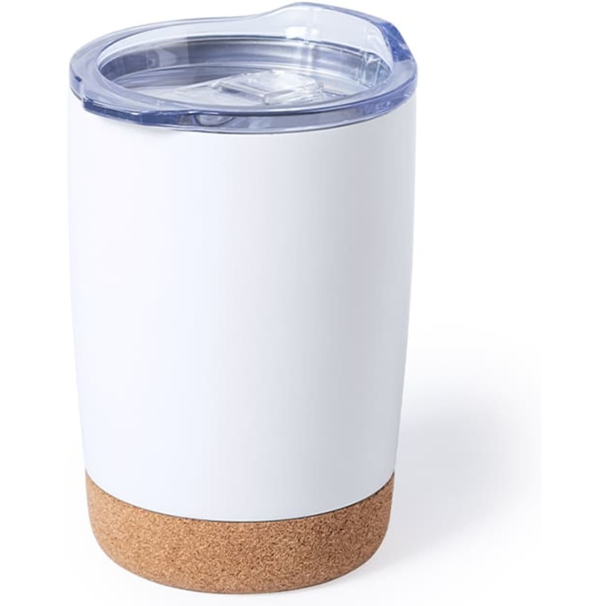 A drink bottle with a white body and cork base, featuring a clear lid with a straw opening and a logo.