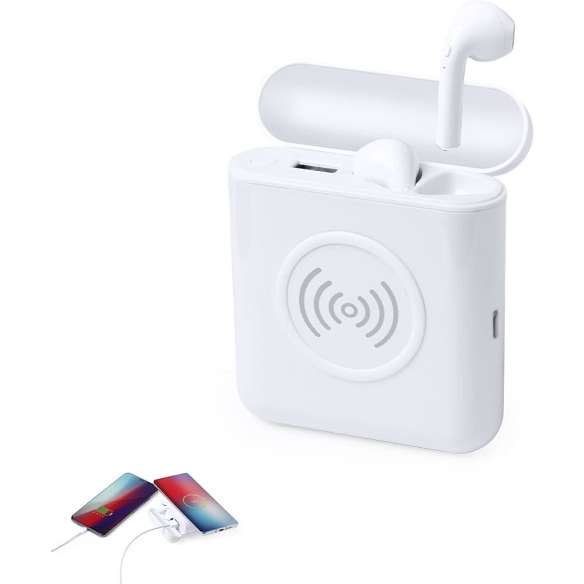 A white power bank featuring a compartment for earbuds, with wireless charging and USB ports visible.