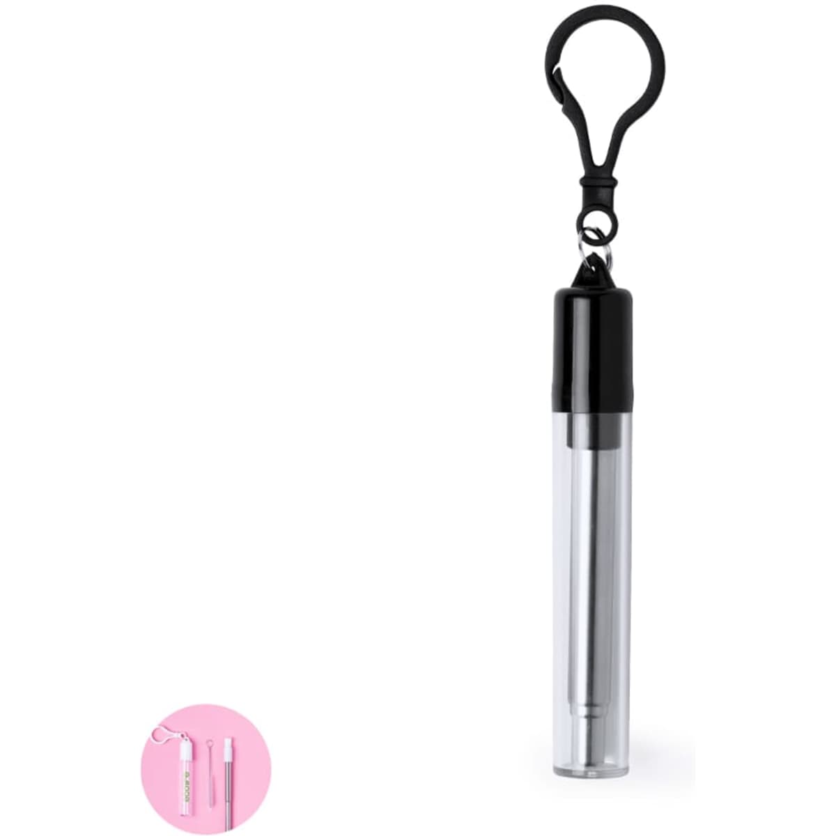 A drink bottle with a clear body and a black cap, featuring a keychain attachment for portability.