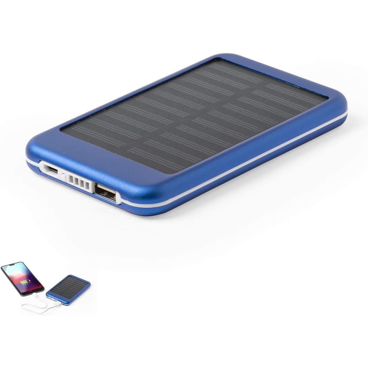 A blue power bank with a solar panel texture on the top and USB ports on the side, featuring a logo.