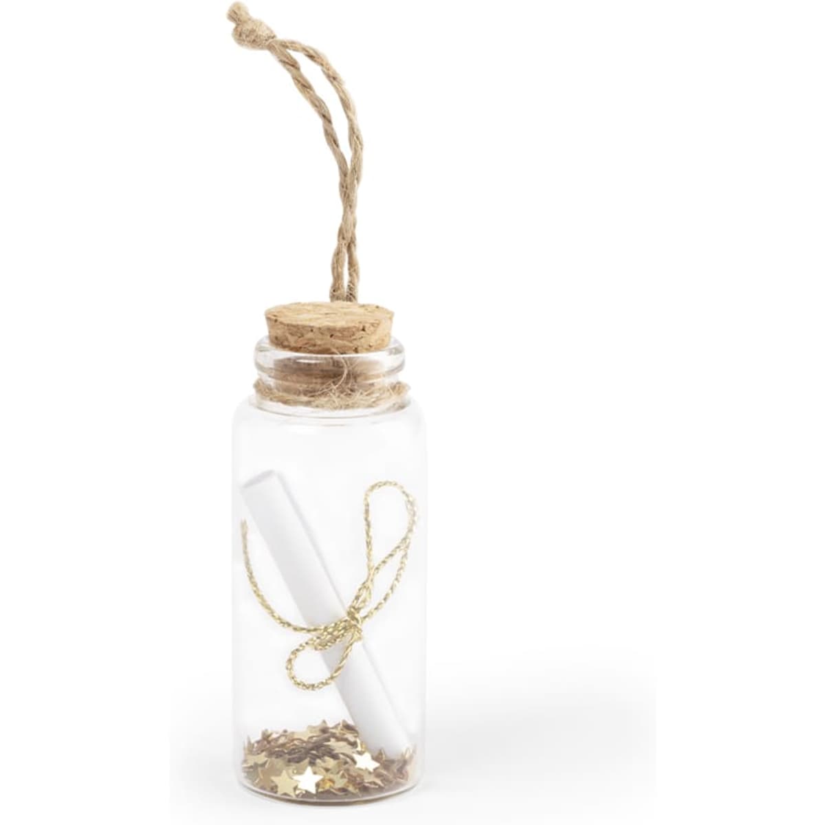 A drink bottle with a cork stopper, a twine loop, and decorative confetti inside, featuring a blank scroll.