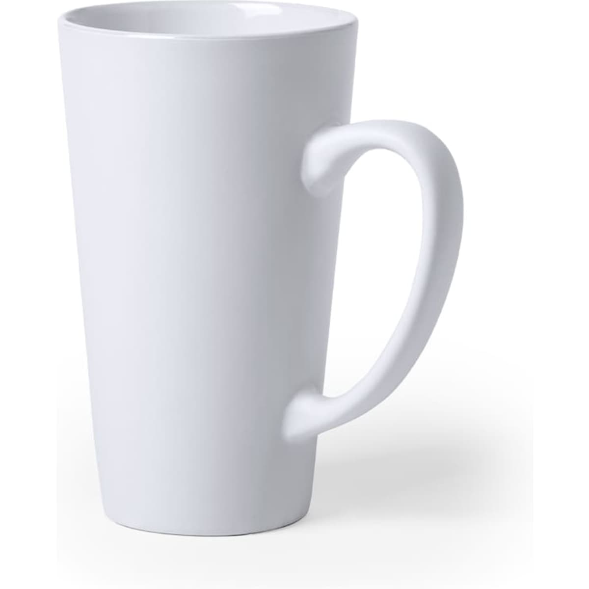 A white coffee mug with a unique handle design, featuring a smooth surface and a tall shape.