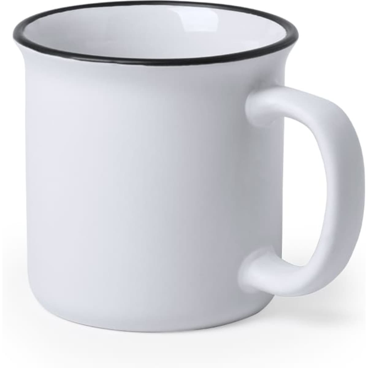 A white coffee mug with a black rim and handle, featuring a simple, classic design.