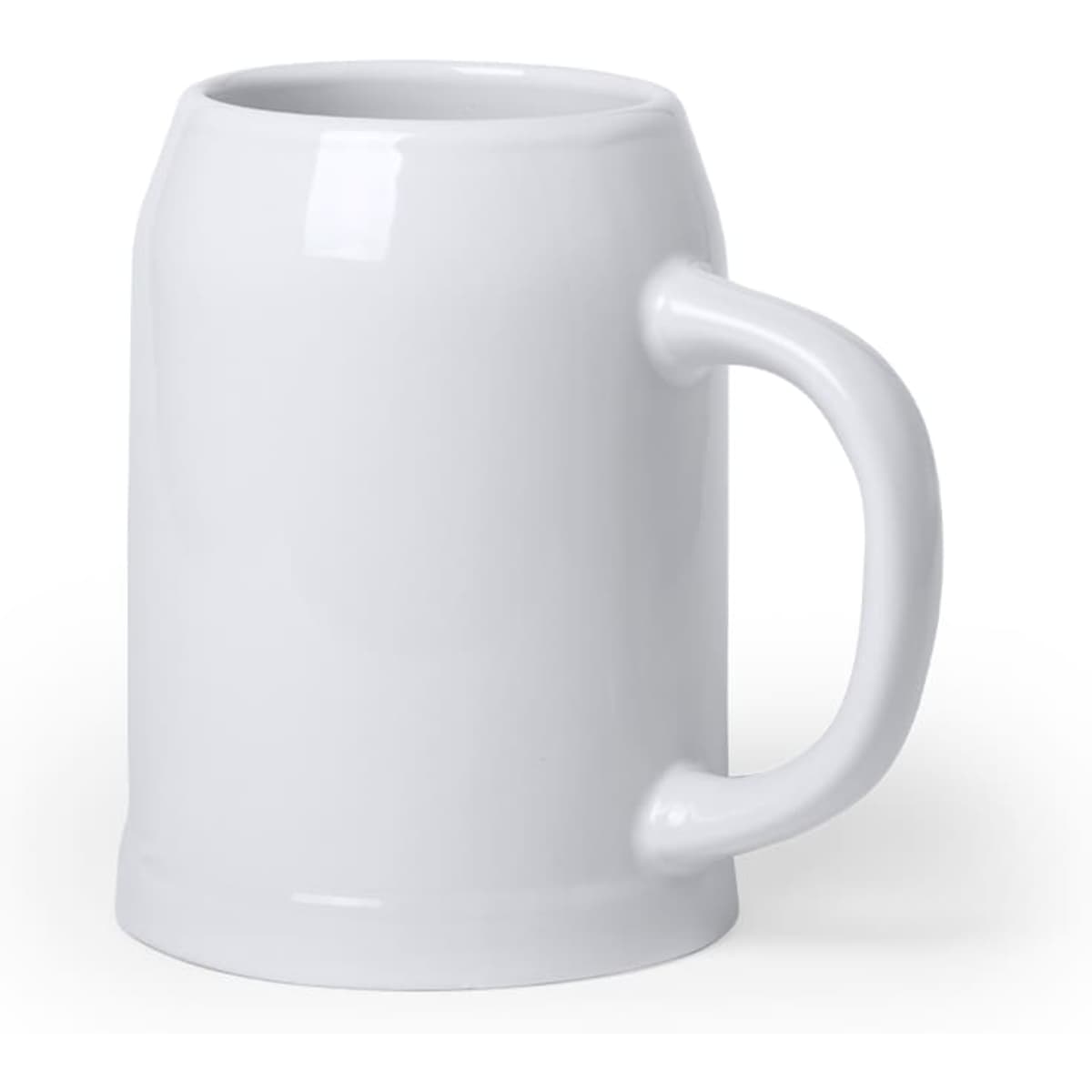 A white ceramic beer mug with a sturdy handle and a smooth, glossy finish. It features a logo.