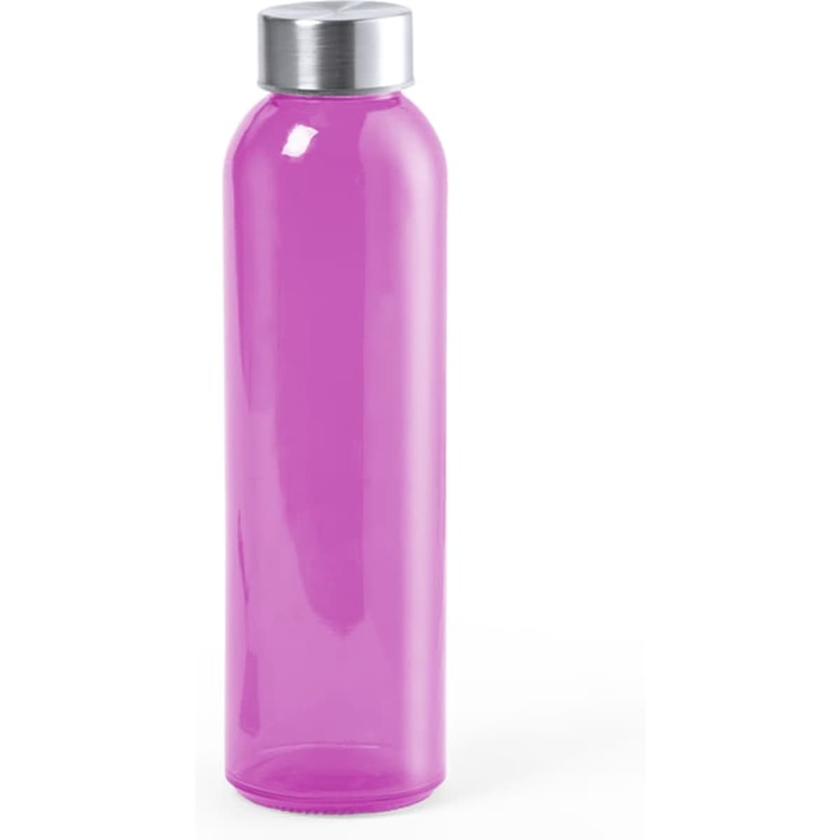 A drink bottle in vibrant pink with a silver cap and a simple design. Features branding on the body.