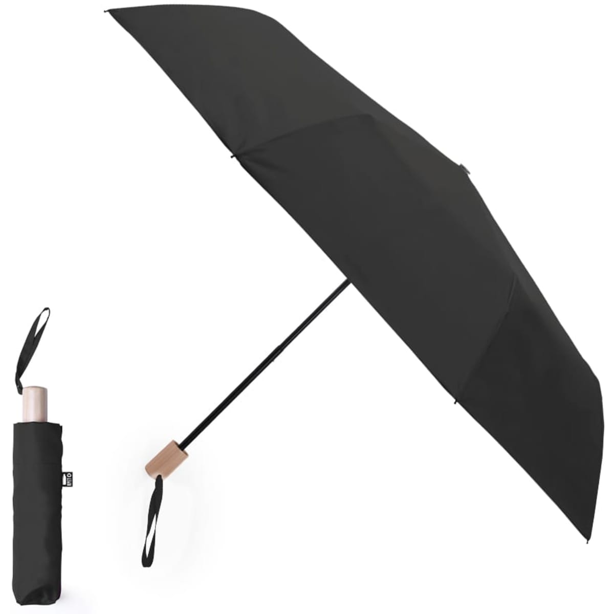 A black umbrella with a wooden handle, accompanied by a matching storage sleeve.