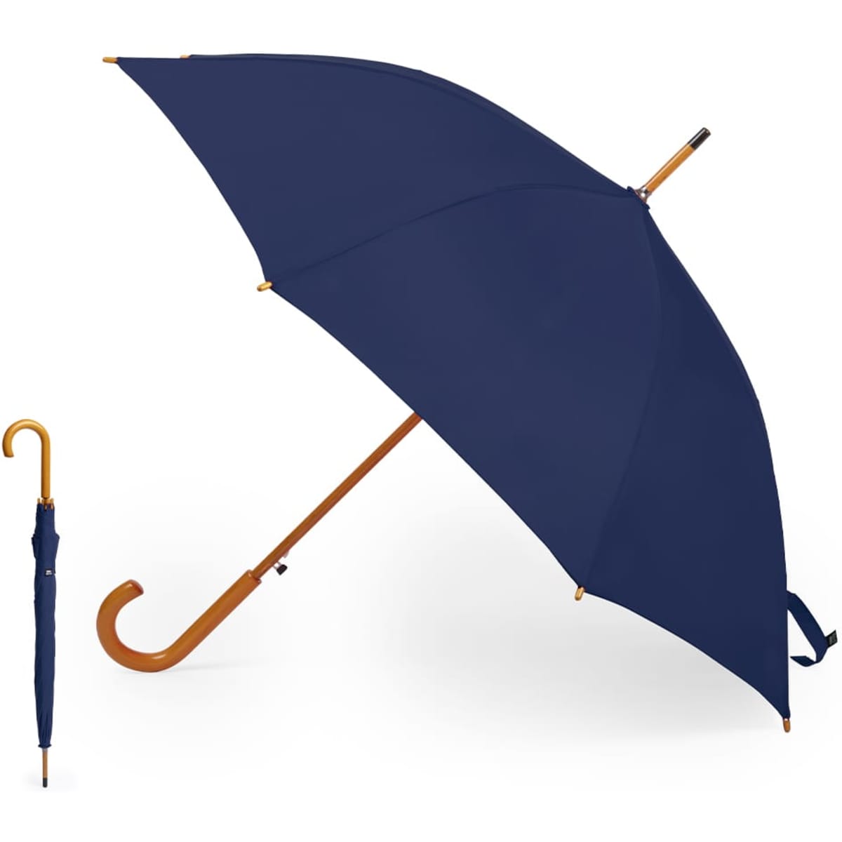 A navy umbrella with an orange handle and a small compact version resting beside it. Features a logo.