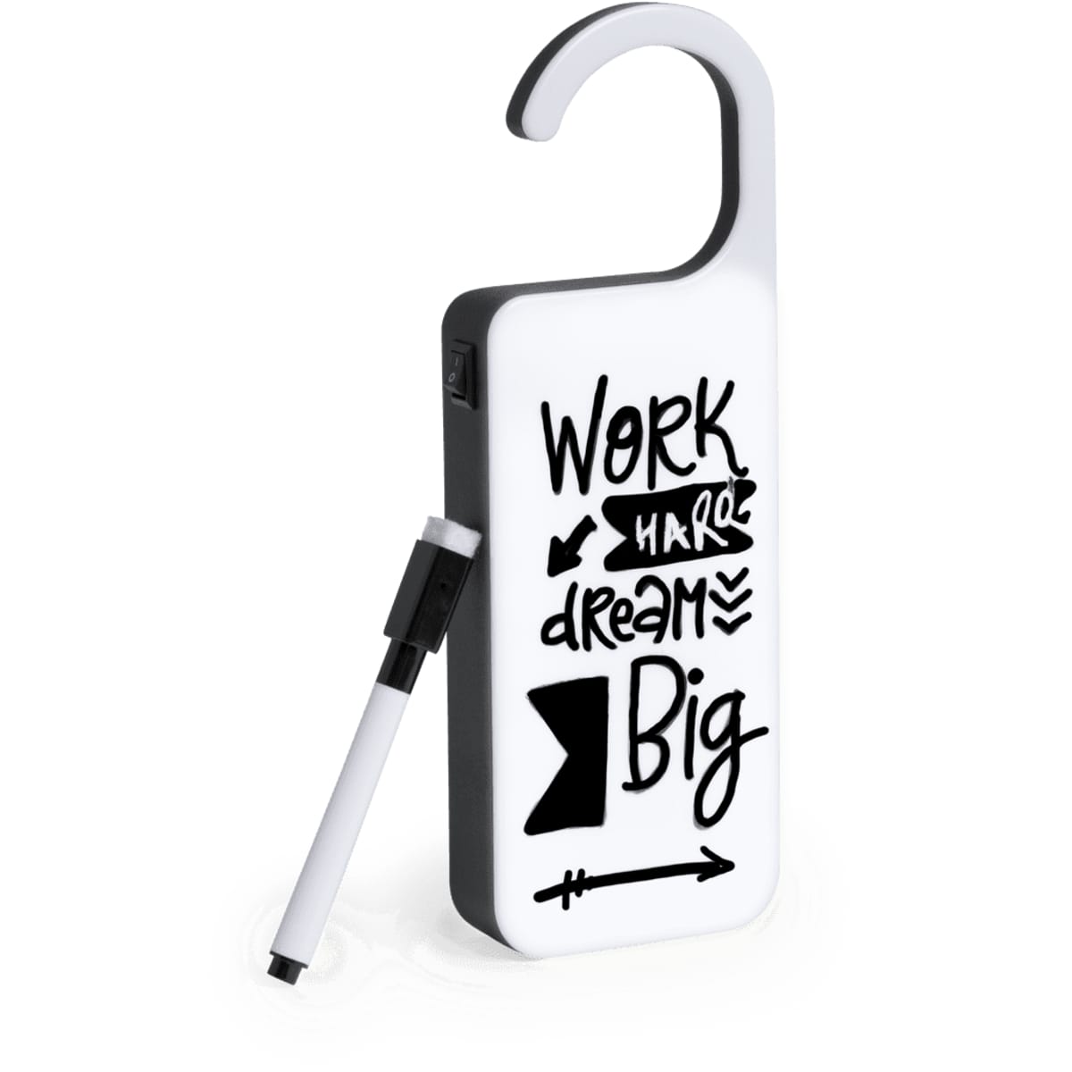 A white and black message hanger with a hook and a pen for writing notes. Features various motivational phrases.