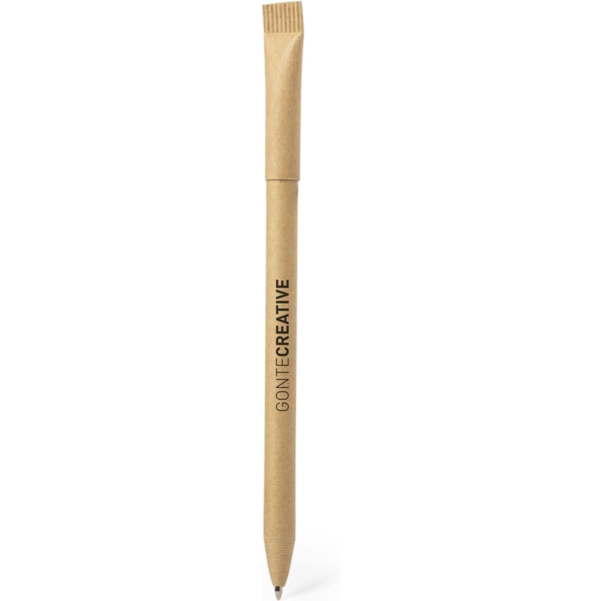 A brown pen with a textured grip and a logo, featuring a sleek design suitable for writing.