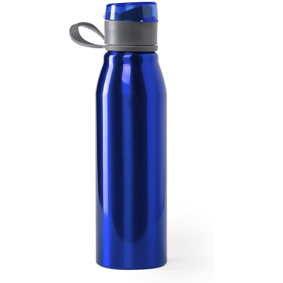 A blue drink bottle made of stainless steel with a grey lid and attached carry handle. It features a logo.