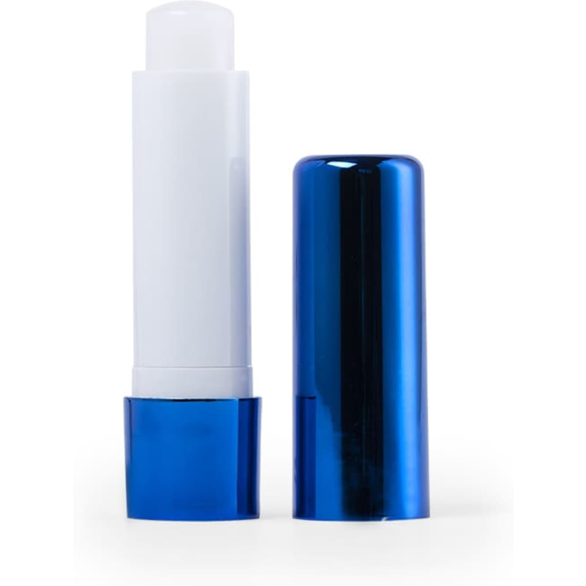 A lip balm tube featuring a shiny blue exterior with a white twist-up applicator.