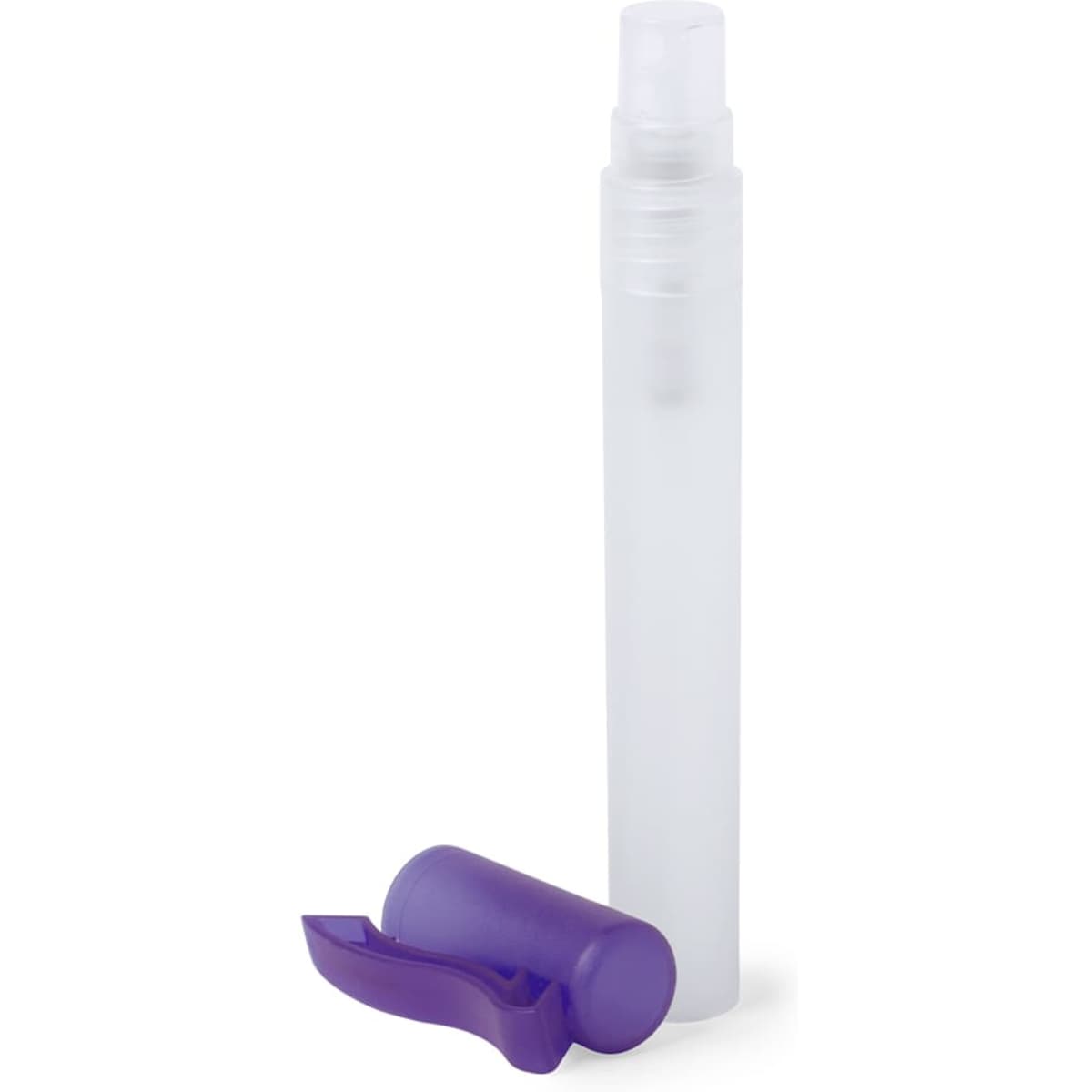 A clear hand sanitiser spray bottle with a purple cap, featuring a transparent design.