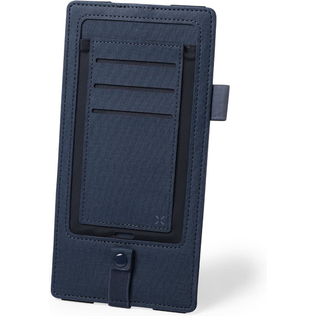 A navy blue phone wallet with a textured finish, featuring slots for cards and a secure closure.