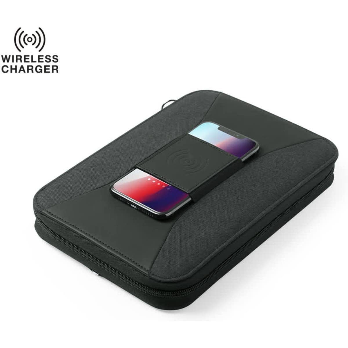 A dark green and grey organiser with a wireless charger and a smartphone on top, featuring a logo.
