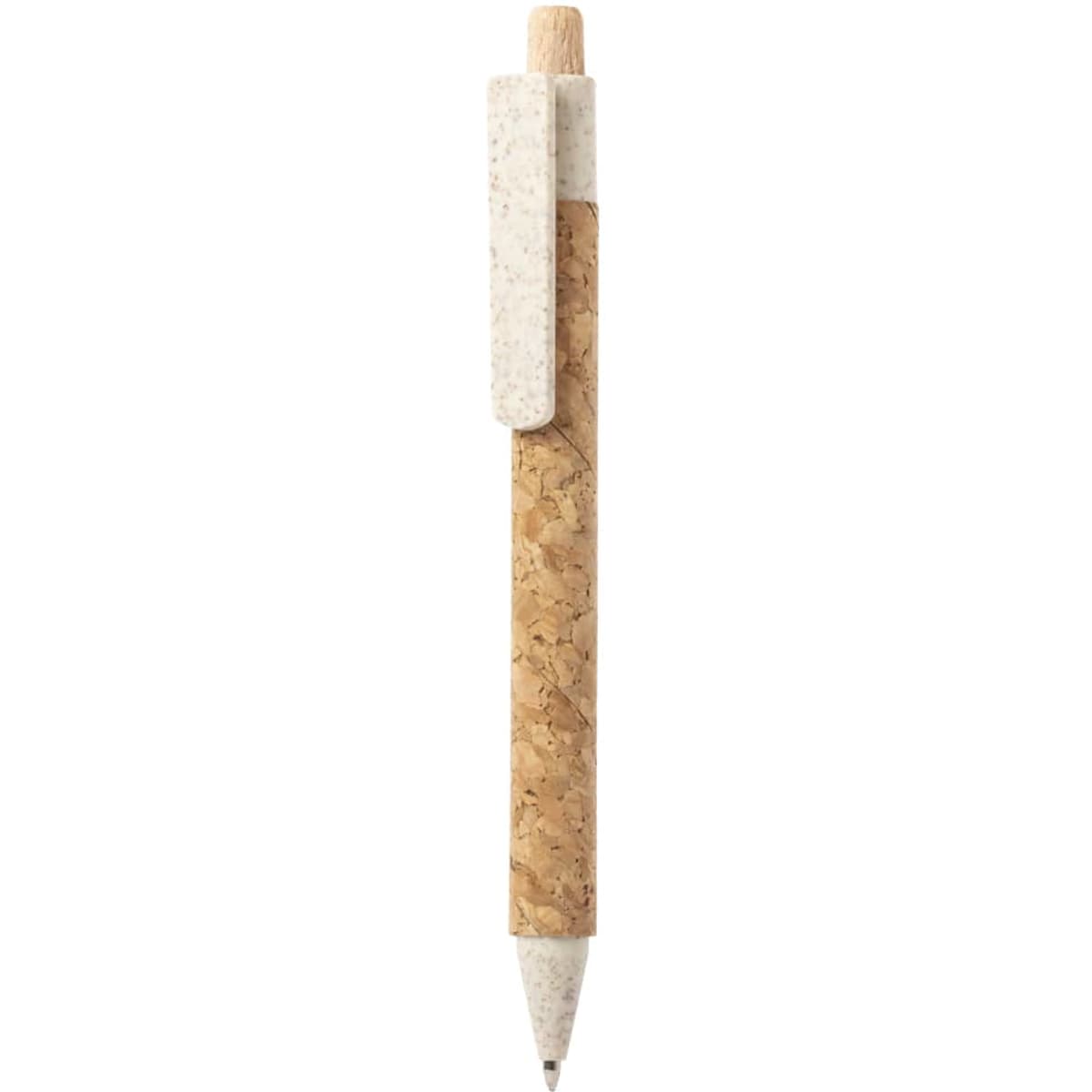 A cork pen featuring a white clip and tip, combining natural textures for a unique design.