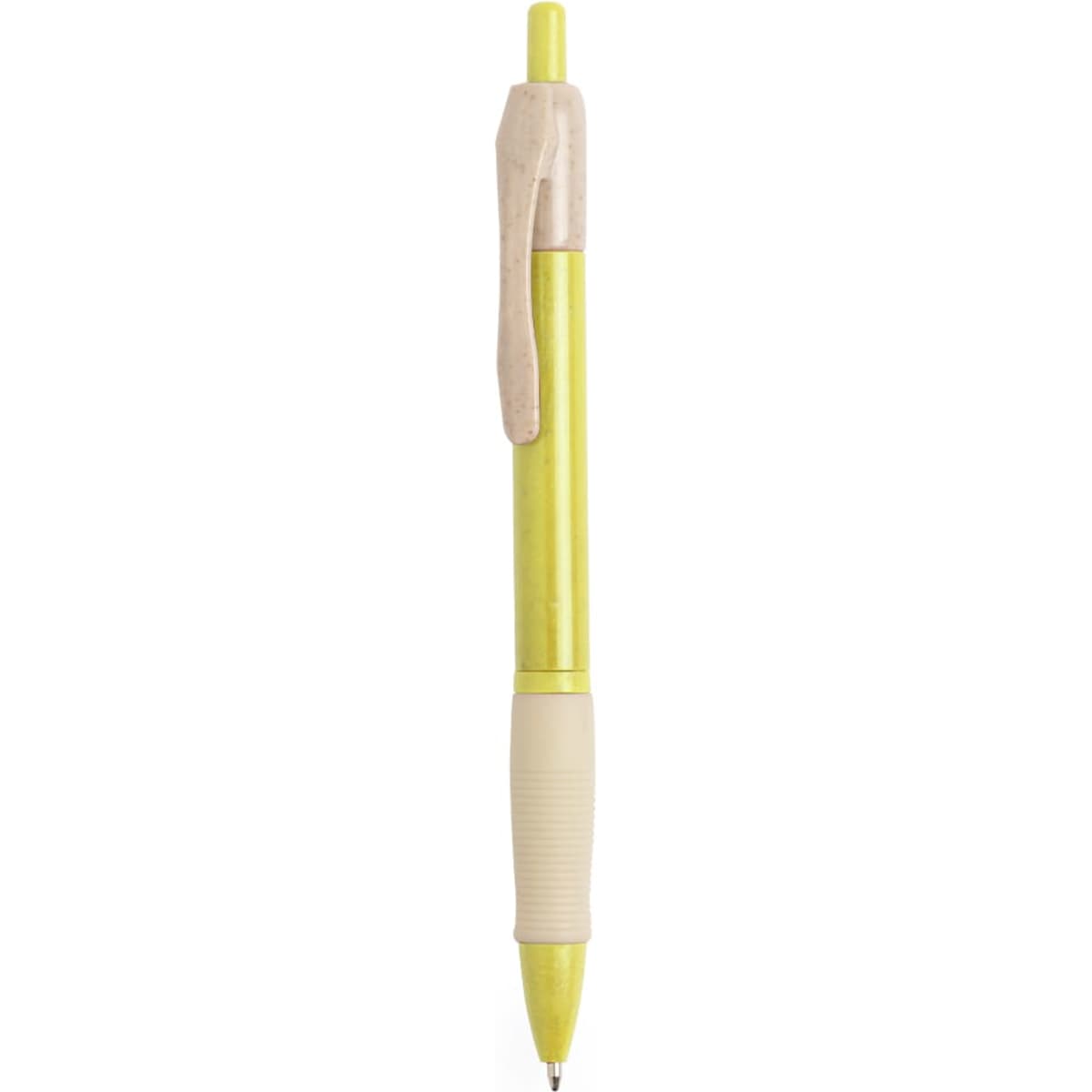 A bright yellow pen with a beige grip and clip, featuring a branding logo.