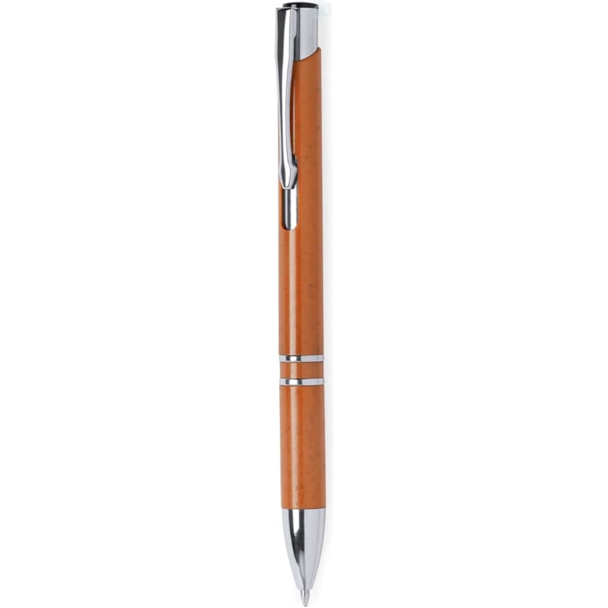 An orange pen with silver accents and a clip, featuring a sleek design and branding logo.