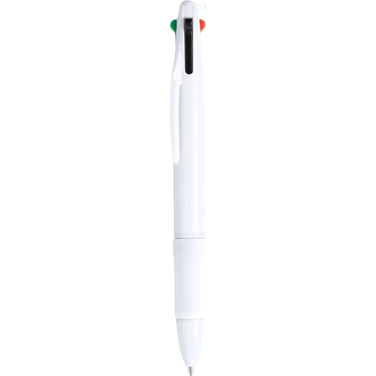 A white pen with a logo, featuring a clip and two coloured tips in red and green.