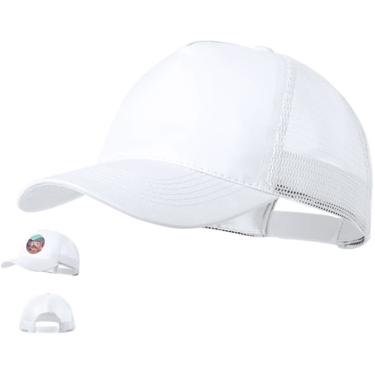 A white cap featuring a mesh back and an adjustable strap, with a logo on the front.