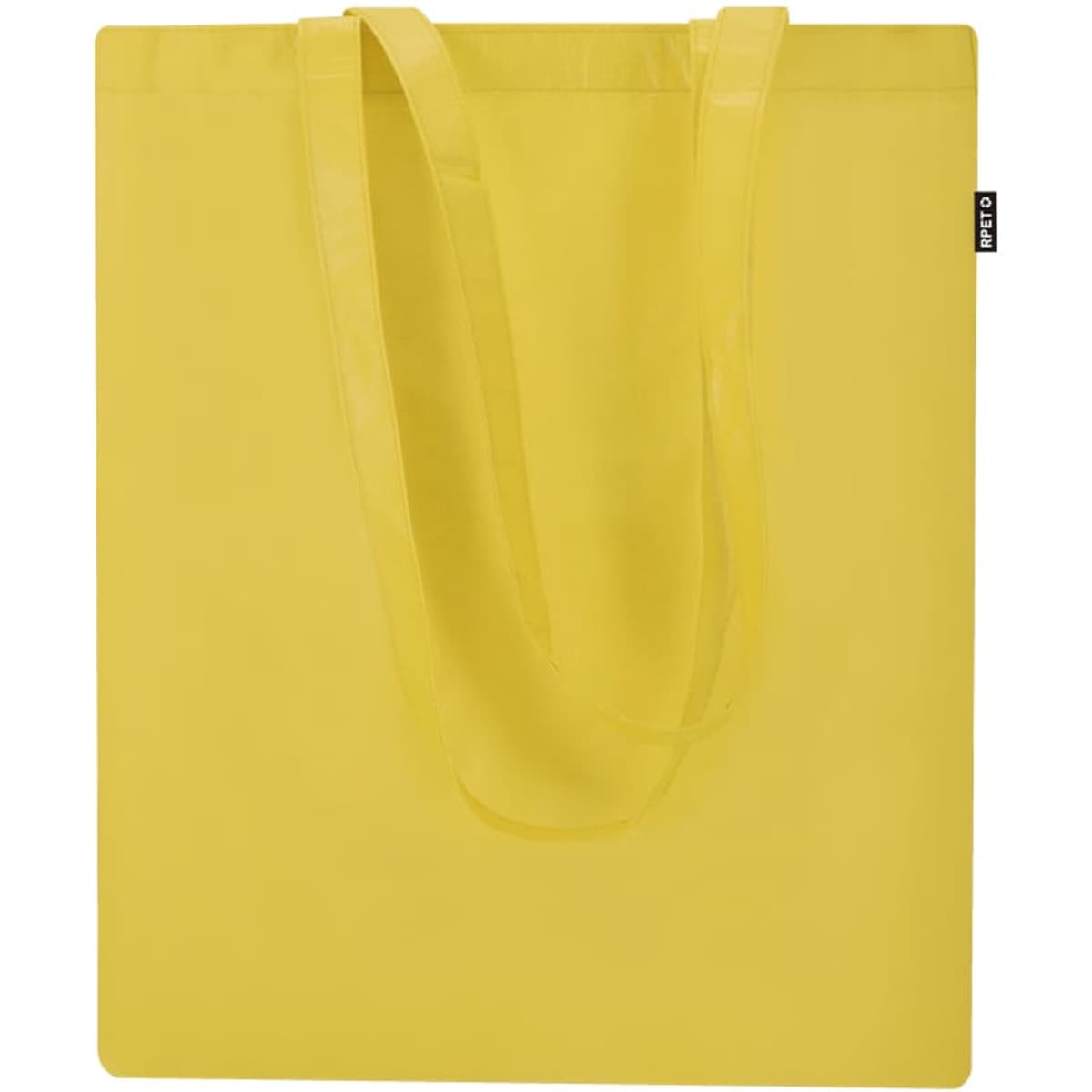 A yellow reusable grocery bag with two shoulder straps and a branding tag.