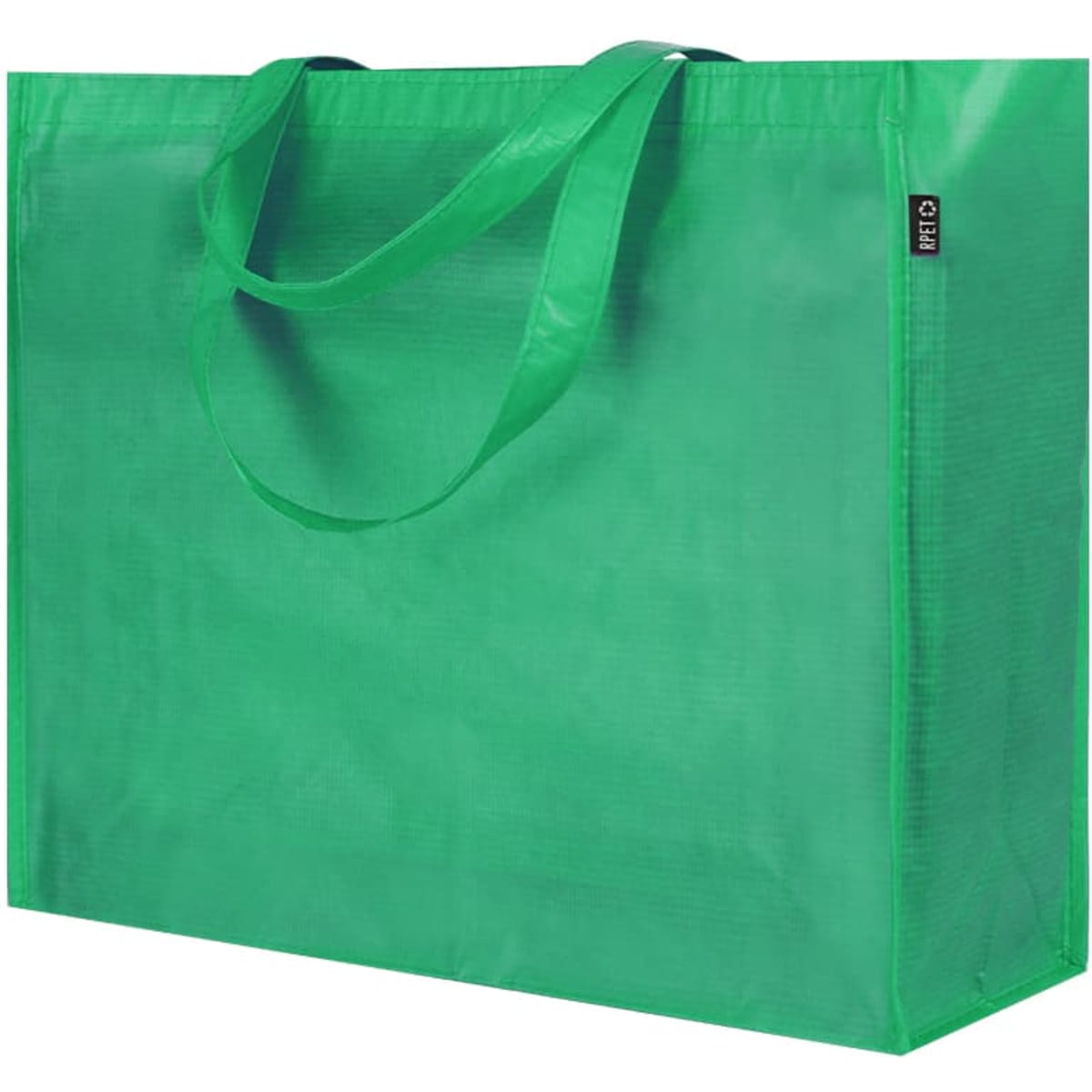 A large green reusable grocery bag with sturdy handles and a logo on one side.