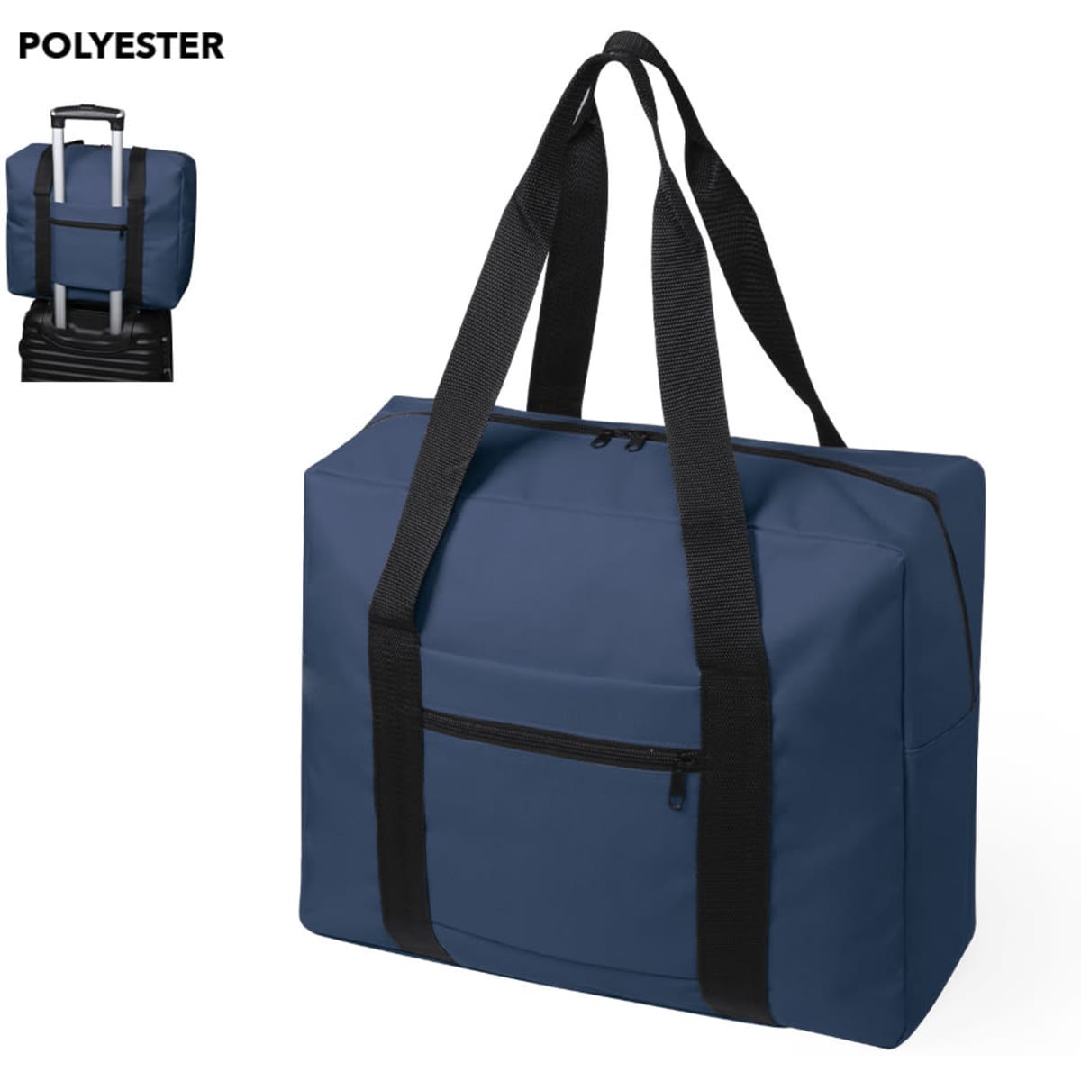 A navy wheeled bag with black straps and a front zip pocket, made of durable polyester and featuring branding.