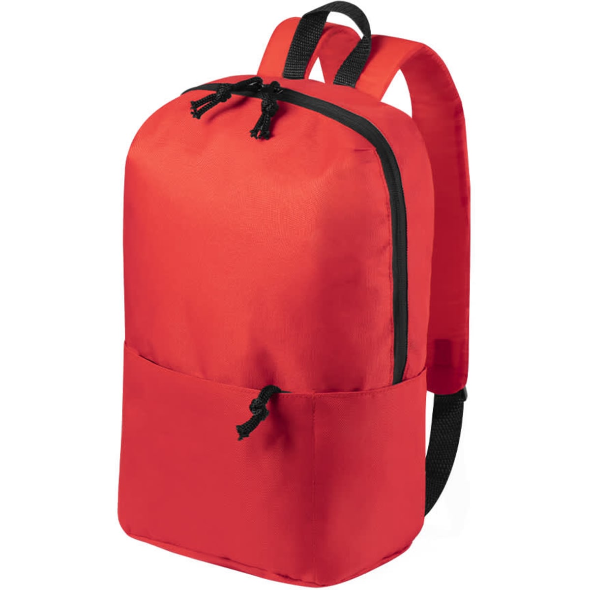 A red backpack with black accents and adjustable straps, featuring a large front pocket and a smooth finish.