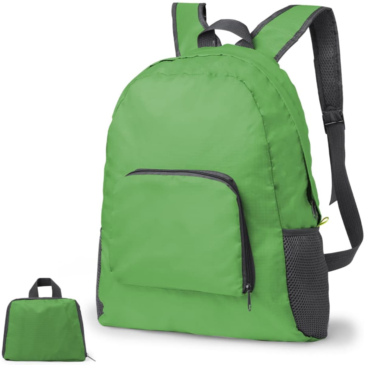 A green foldable backpack with a front pocket and mesh side sections, displayed alongside its compact folded form.