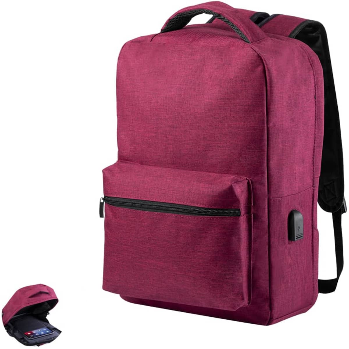 A maroon backpack featuring a front pocket, padded straps, and a side compartment for storage. It has a brand logo.