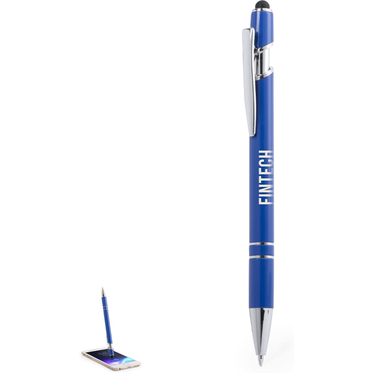 A blue ballpoint pen with a stylus tip, featuring a silver clip and branding, placed next to a tablet.