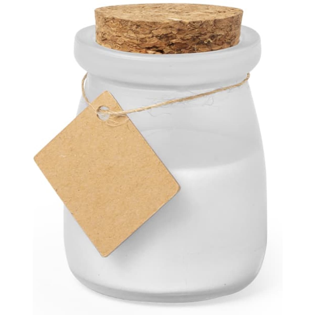 A frosted glass candle jar with a cork lid and a blank tag attached, containing white wax.