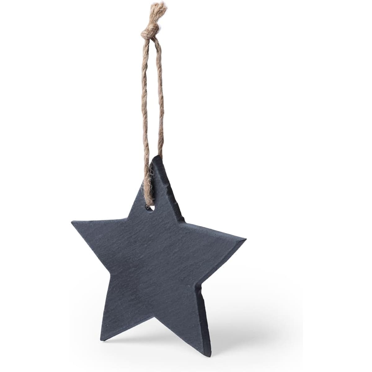 A dark blue star-shaped decoration with a natural twine hanger. Ideal for festive displays and novelty items.